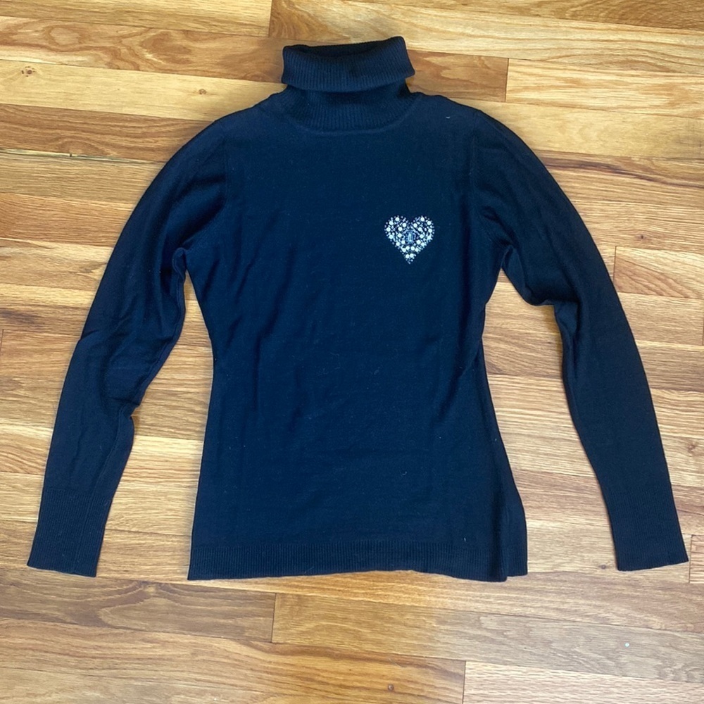 Tracy Reese Women’s Black Turtleneck Sweater With Silver Heart Size L